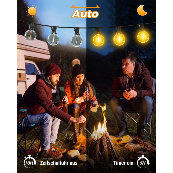 LED гірлянда для декорування саду та тераси, 15 метрів, тепле світло, G40, з таймером та димером, вологостійка