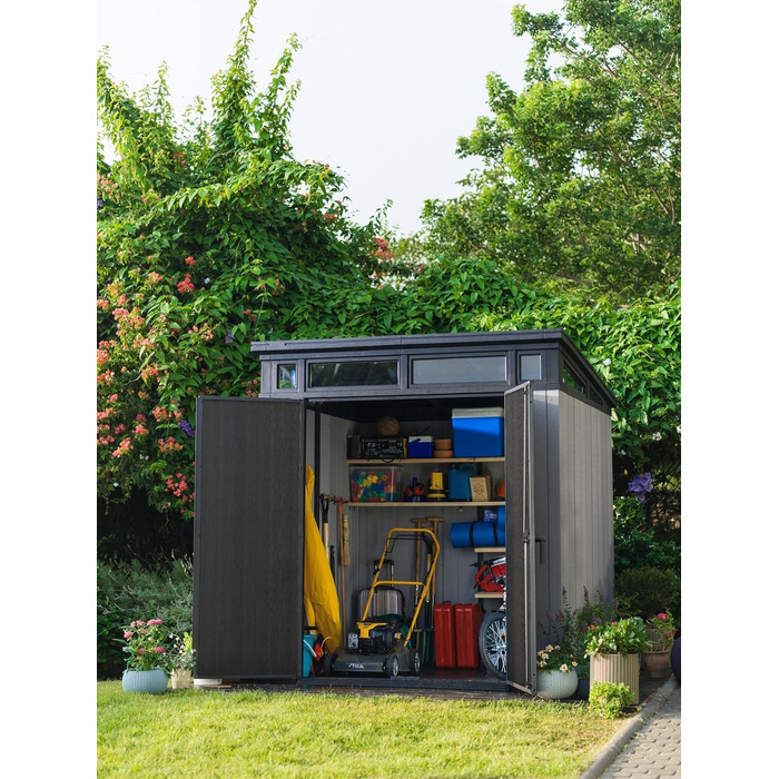 Сарай садовий Keter Artisan 7x7 з підлогою, похилим дахом, подвійними дверями та вікном, 214x218x226 см, 8.3 м³, сірий - для зберігання на вулиці