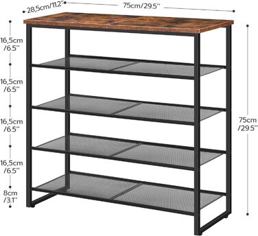 Полиця для взуття HOOBRO, 5-ти ярусна полиця для взуття, тумба для взуття, на 16-20 пар взуття, компактний, міцний і стійкий, передпокій, вітальня, темний коричнево-чорний EBF58XJ01