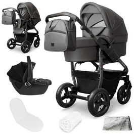 Дитяча коляска Bergsteiger Capri 3-в-1 з люлькою, автокріслом i-Size та ременями, повітряні колеса, амортизація, регульована ручка, складна, аксесуари сірого кольору | Рама: антрацитова коляска + автокрісло