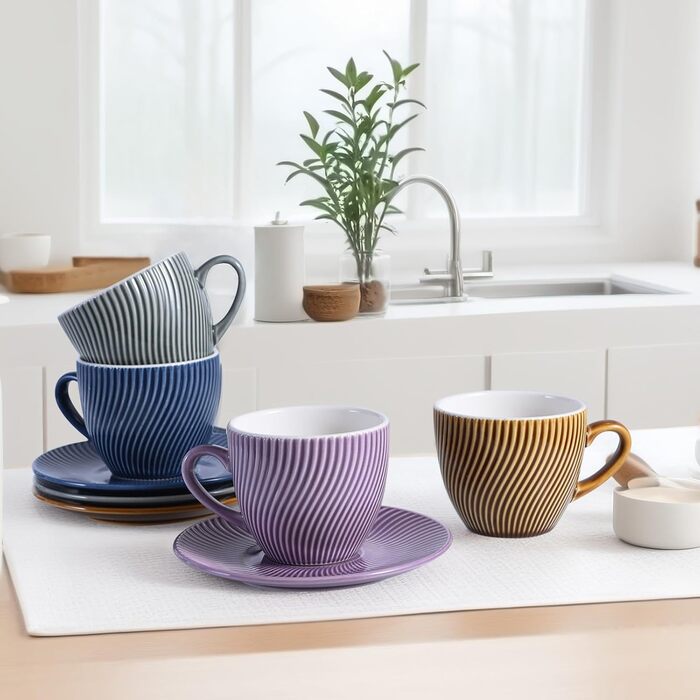 Набір кавових чашок Yundu 250мл (4 шт.) з підставками, кераміка, для капучино, еспресо, лате, матча, мокко