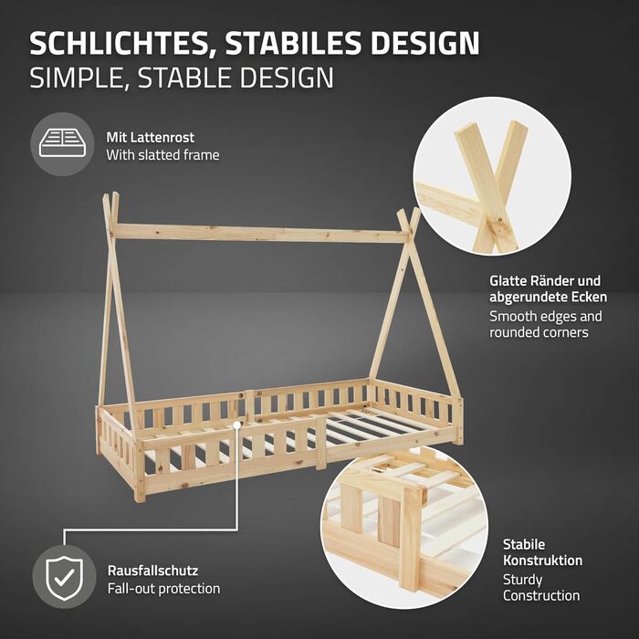 Дитяче ліжко-халапа Tipi ML-Design біле з бортиками та ламелями, з сосни, індіанське ліжко для дівчаток та хлопчиків, будиночок-ліжко з огорожею, ліжко-халапа для дітей та підлітків, ігрове ліжко-намет (90x200 см з матрацом (H: 10 см), натуральне дерево)