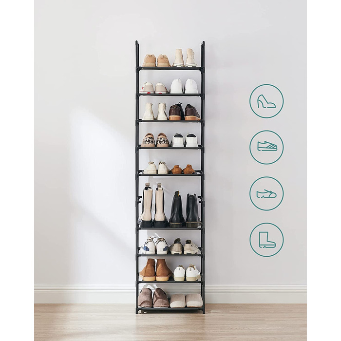 Полиця для взуття SONGMIC, полиця для взуття, 10 рівнів, відкритий шафа для взуття, місце для зберігання взуття, вузька, 33 x 33 x 173 см, металева стійка