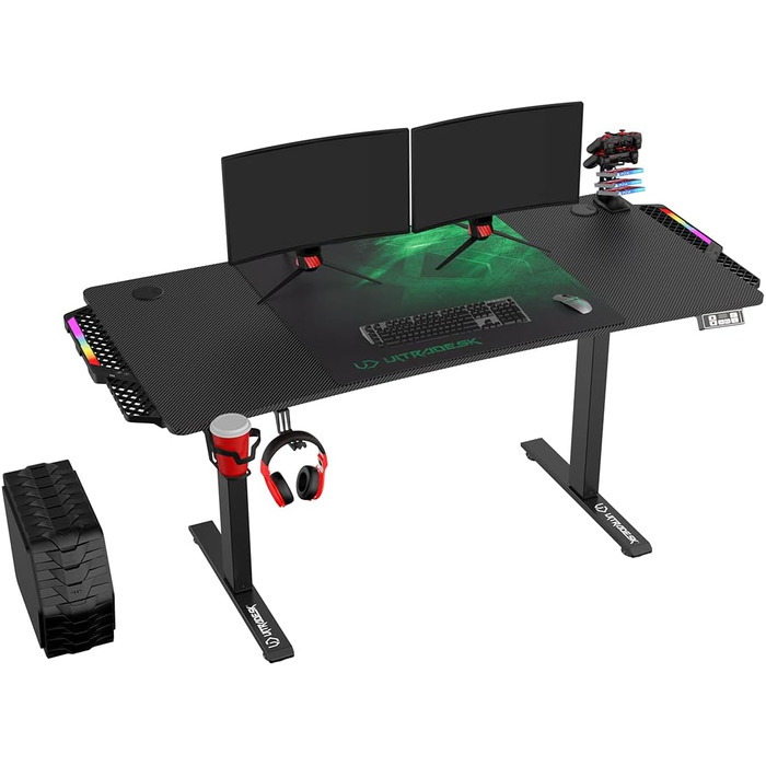 ULTRADESK Стол для роботи та ігор, регульована висота, електричний, 140x68 см, з XL-кілимком для миші (зелений)