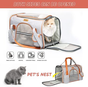 Переноска для кішок і собак, переноска для кішок зі знімним килимком, складна дихаюча сумка для кішок з підкладкою в смужку, Регульований ремінь для взуття, схвалений Airine Темно-сірий (L, світло-сірий)
