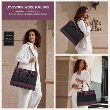 Сумка LOVEVOOK для жінок, велика, 15.6 дюймів, для ноутбука, робоча, елегантна, однотонна, шкіряна, для школи, офісу, ділових поїздок, shopper, tote bag (15.6 дюймів, фіолетово-чорна)