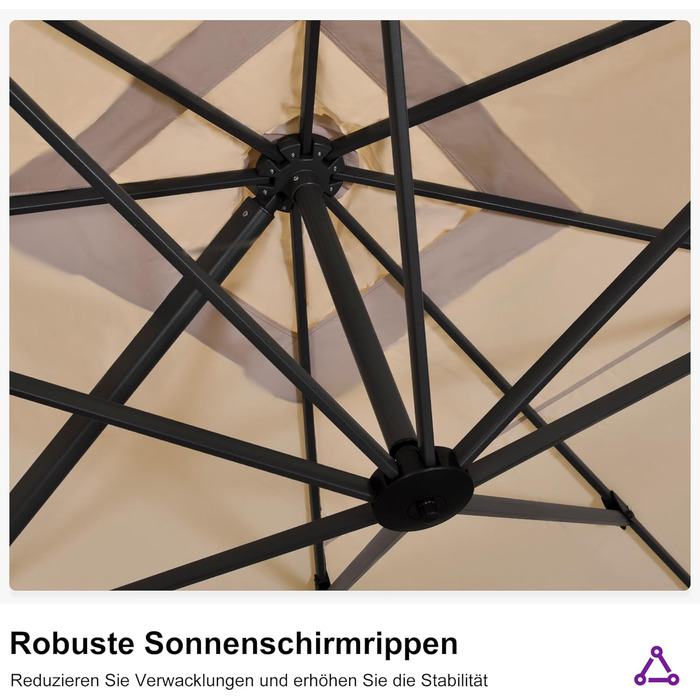 Парасолька від сонця PURPLE LEAF 350x350 см, велика садова парасолька-амбрела з рукою-користувачем, поворотом на 360° та хрестовиною, бежева, для тераси та балкона