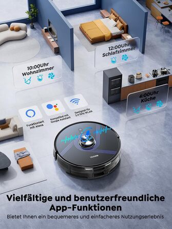 Робот-пилосос Vyzzle з вологою тканиною 5500 Па, док-станція 3.5л, для шерсті тварин, килимове покриття, керування через додаток, голосове керування Alexa & Google Assistant (Чорний)