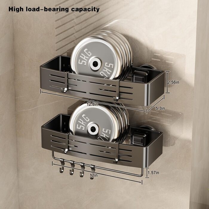 Полка для душу Voldra без свердління, кутова, з присосками, для ванної кімнати, металева, з тримачем для рушників (2 шт., сіра)