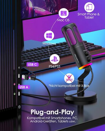 USB мікрофон LENTION: конденсаторний мікрофон для геймінгу, стримінгу, подкастів та караоке. Підходить для ПК, Mac, PS5, PS4, телефону. Plug & Play, кардіоїдний, з USB кабелем 1.8м