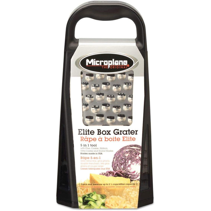 Мікроплан Еліт – терка з п'ятьма лезами, 5 поверхонь: дрібна, груба, стрічка, ультрадрібна, стругало. Чорний колір
