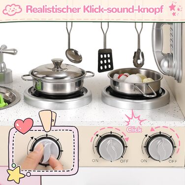 Дерев'яна дитяча кухня Mamizо з аксесуарами, 81x74x30 см, світло та звук, для дітей від 3 років, біло-рожева