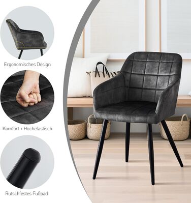 CLIPOP Комплект стільців для їдальні (6 шт.), з підлокітниками, штучна шкіра, для кухні, вітальні, сірий велюр