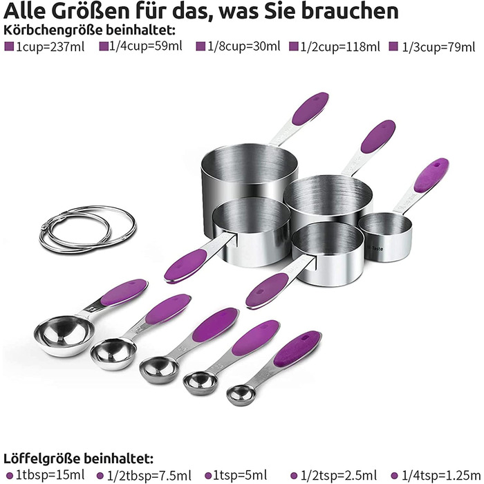 Подібний мірний стаканчик 18/8 з нержавіючої сталі набір мірних стаканчиків і ложок по 10 шт. , ручка збільшеної товщини, американська (різнокольорова) ((6) 10 шт. фіолетового кольору)