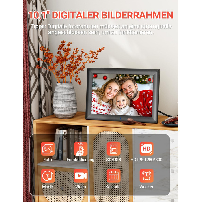 Цифровий фоторамка OBVHNUA 10.1 дюйма з IPS екраном (1280x800) та пультом, USB/SD (128GB), автоповорот, відтворення фото/музики/відео