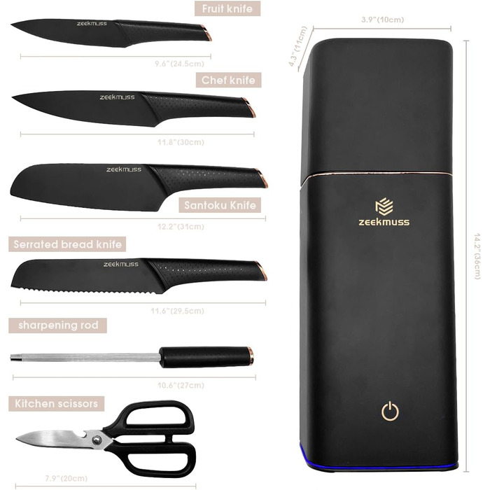 Набір ножів ZEEKMUSS: 6 ножів, точилка, кухові ножі з нержавіючої сталі, кухові ножі, кухорі ножиці, брусок для заточування, кухонні аксесуари, подарунок (чорний)