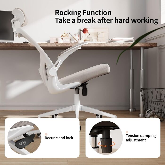 Офісний стіл Monhey: ергономічний крісло з регулюванням висоти, поворотне, з відкидними підлокітниками, дихаюча сітка, регульована підголовник та інтелектуальна підтримка попереку – для дому та офісу (01beige)