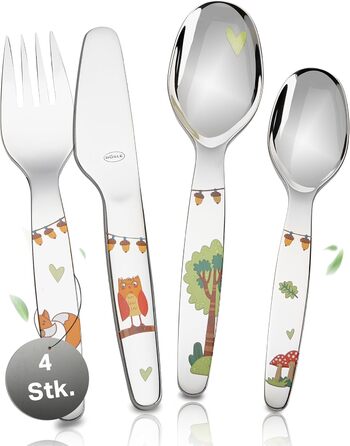 Дитячий набір столових приборів RÖSLE 'Waldfreunde' (4 шт.) з нержавіючої сталі 18/10, для дітей від 3 років, придатний для миття в посудомийній машині, чудовий подарунок на хрещення для хлопчиків та дівчаток