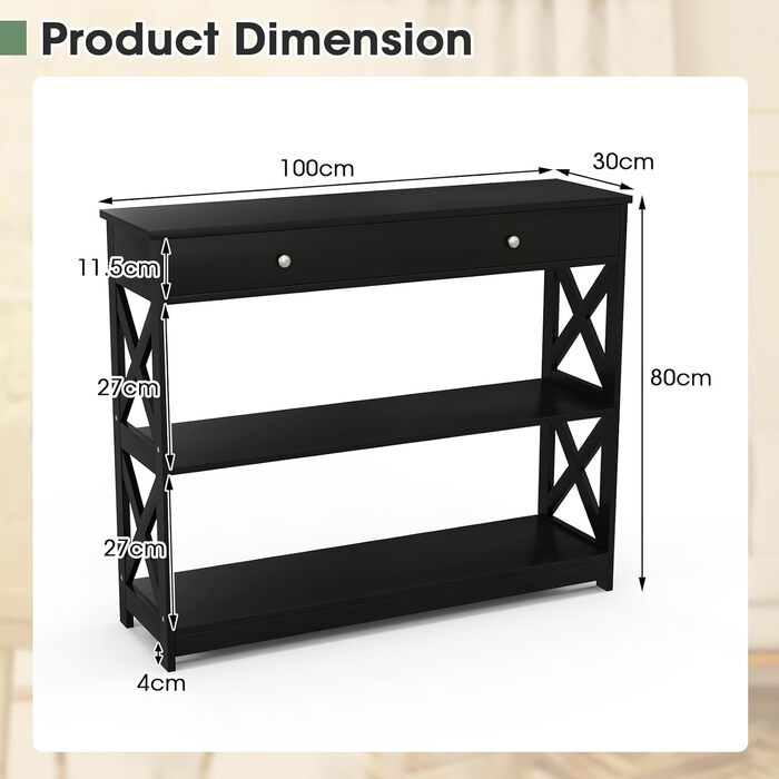 Консольний стіл вузький, Стіл в передпокої з ящиком і 2 полицями, Сервант для вітальні, чорний