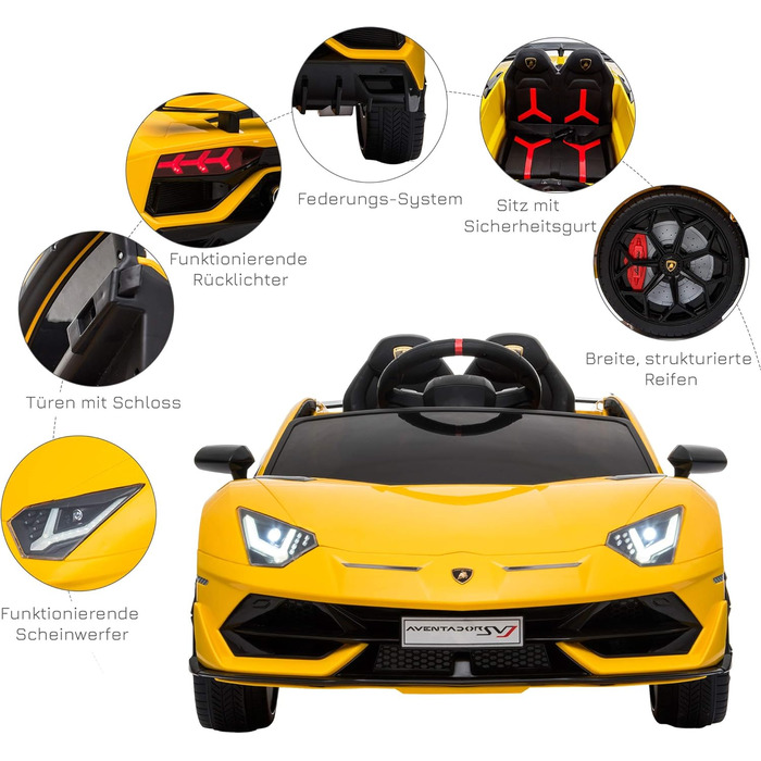 Електромобіль для дітей HOMCOM Lamborghini SVJ, ліцензія, 12V, металевий, жовтий, з дистанційним керуванням, музика, USB, для дітей 3-8 років