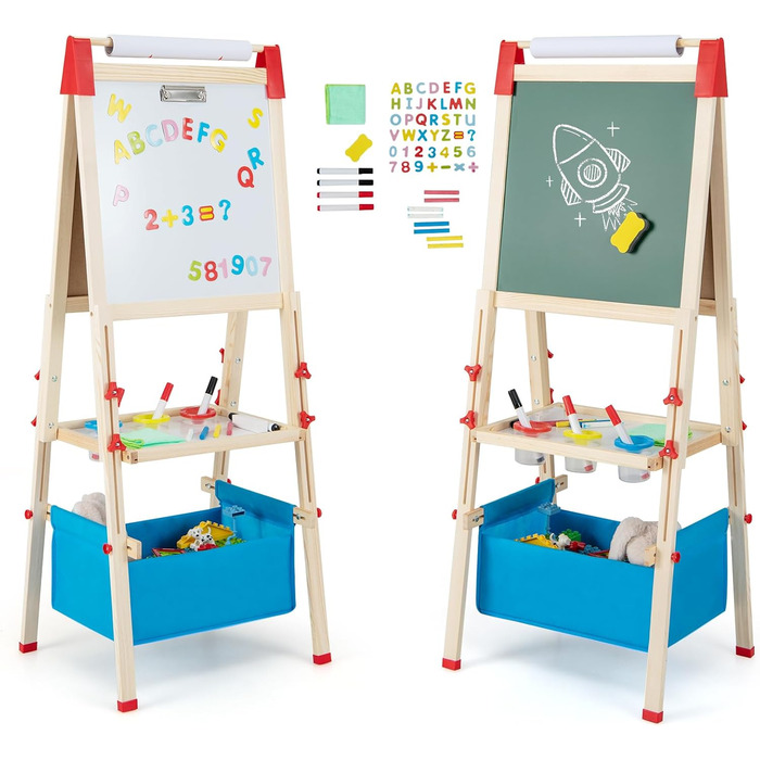 Дитяча мольберт GOPLUS 3-в-1: дошка-магніт, дошка для малювання, тримач для паперу та аксесуари, регульована висота, 3-8 років