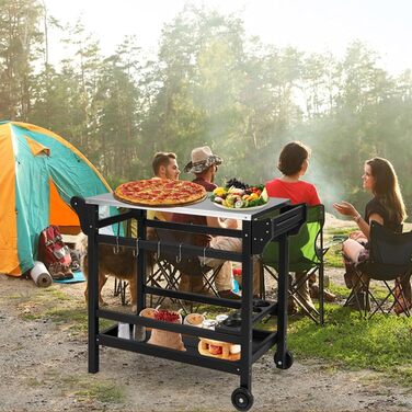 Гриль-візок Komfotteu з нержавіючою сталею, столиця для гриля, візок для сервірування з полицями для спецій, вина та гачками, для зони відпочинку