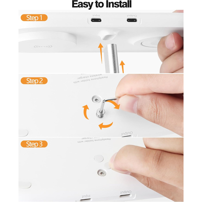 Підставка для навушників HiWe 3-в-1 з бездротовим зарядним пристроєм для телефону/AirPods/iWatch. Алюмінієва стійка, шкіряний підклад, ABS-основа, білий колір.