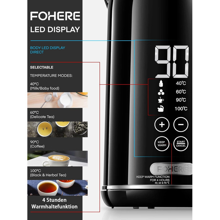 Чайник FOHERE, 1,7 л, РК-дисплей температури 40-100C, 240 хв Keep Warm, Quiet & Fast, 2200 Вт, Чорний