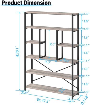 Стильна полиця-стеллаж LVB з 6 рівнями для вітальні, робочого кабінету, кухні, 180 см (світло-сіра ельха)