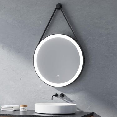 Круглий дзеркало для ванної кімнати з підсвічуванням 60см, LED дзеркало з регулюванням яскравості, сенсорне керування, чорна рама, знімна стрічка, 6500K (холодне світло)