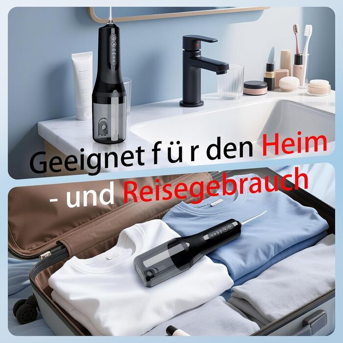 Електрична ірigator для порожнини рота Munddusche: покращена модель 2025, 260 мл резервуар, IPX7 водонепроникність, 5 насадок, 4 режими, для подорожей та дому. Чорний