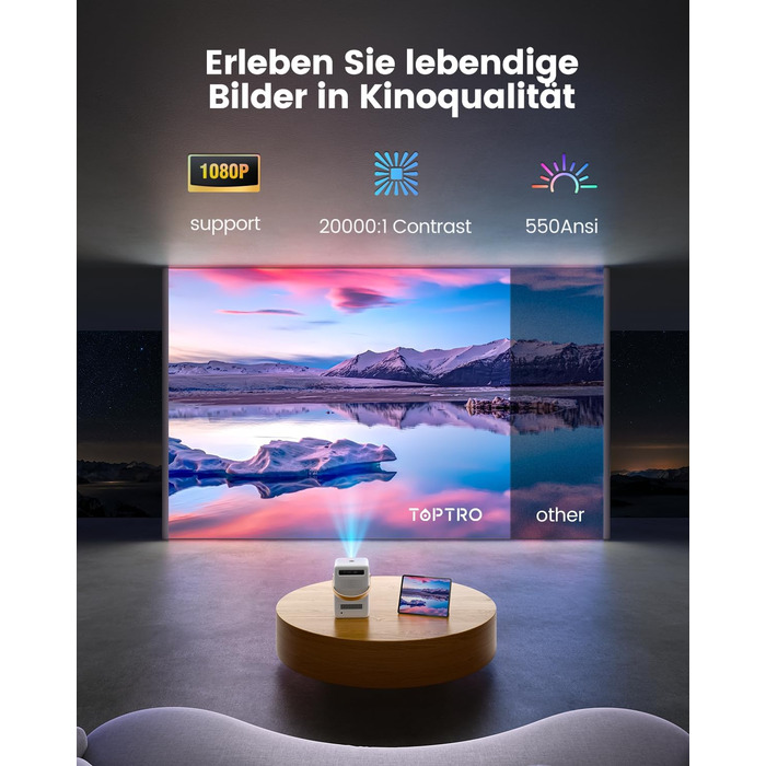Проектор Toptro Mini Beamer: 1080P Full HD, Android TV, WiFi, Bluetooth, 300 ANSI, Зовнішній, Компактний, з Електричним Фокусом