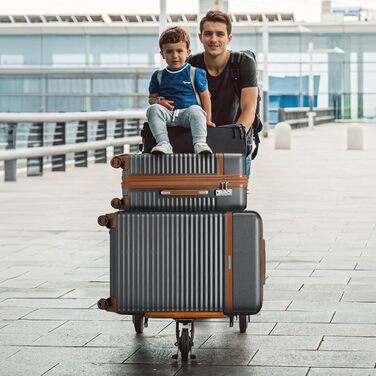 Набір валіз Joyway 5шт з ABS пластику, розширюваний, з TSA-замком, 4 колеса, сірий. Включає: валізу, велику сумку, косметичку.