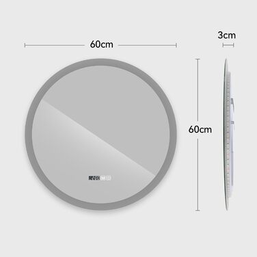 Дзеркало для ванної кімнати YOURLITE з підсвічуванням, діаметр 60 см, LED, 3 кольори, диммування, сенсорне управління, антизапар, пам'ять, IP44, білий