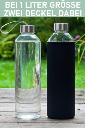Скляна пляшка t & N об'ємом 1 літр / 750 мл / 500 мл - скляна пляшка для пиття об'ємом 1 л з неопреновою кришкою-пляшка для води об'ємом 1000 мл-герметична скляна пляшка для пиття з більш товстого боросилікатного скла(нержавіюча сталь / чорний, 1 літр вуг