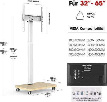 Підставка для телевізора на колесах з полицею, для телевізорів 32-65 дюймів, до 35 кг, поворотна на 90°, регульована по висоті, VESA 400x400mm (Білий+Натуральний колір)