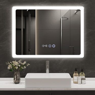 Дзеркало для ванної кімнати YU YUSING з підсвічуванням 80x60 см, LED, 3 кольори світла, регулювання яскравості, антизапар, сенсорне управління, таймер, загартоване скло, IP44 (прозоре)