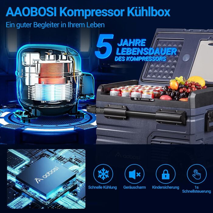 AAOBOSI Компресорна холодильна сумка-холодильник 55L, 12v/230v, з цифровим керуванням температурою, App-керуванням, для кемпінгу, авто, вантажівки, човна, автодому (Блакитний)