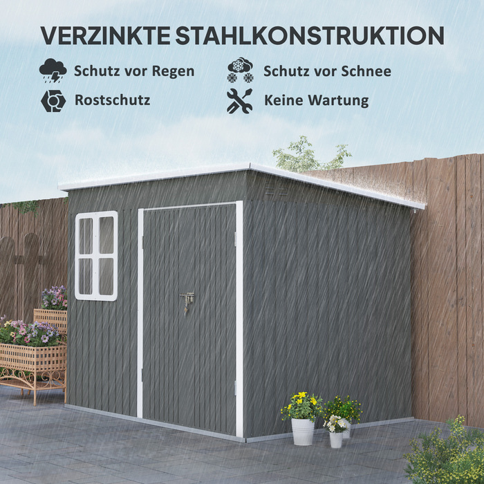 Outsunny Garden Shed 4,13 м³, Садовий сарай, 260 x 177 x 190 см, Садовий сарай з вікном, Двері, що замикаються, Гараж для велосипедів, Сталева садова шафа, для заднього двору, Сад, Темно-сірий | Аосом