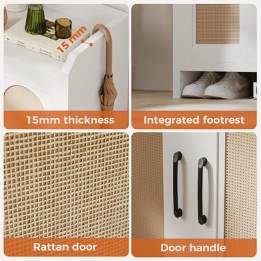 Шафа для взуття 5-ярусна в стилі ф armhouse з 2 дверцятами, вільного стояння з регульованими полицями та металевими кутовими прикрасами для передпокою та коридору, білий колір (ротанг, білий)