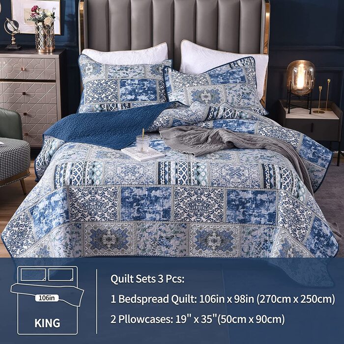 Покривало Qucover в стилі печворк 220x240 см, синє покривало для двоспального ліжка в вінтажному стилі, стьобана літня ковдра з набором подушок, з бавовни та поліестеру, потертий шик (250 х 270 см)