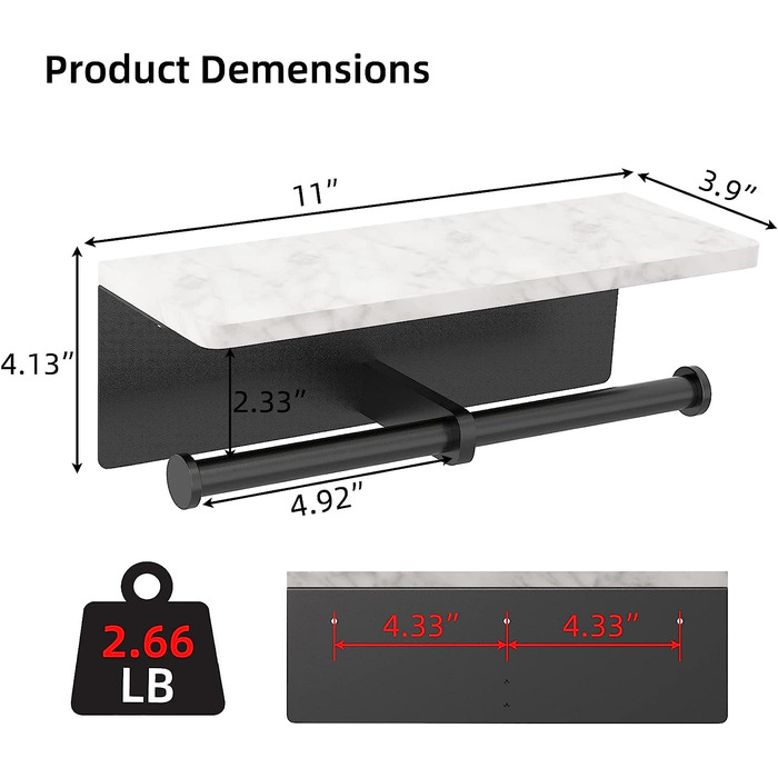 Тримач для туалетного паперу з циганського мармуру з полицею, настінний гвинт з нержавіючої сталі 304, тримач для рулонів паперу для ванної кімнати, матовий (чорний подвійний)