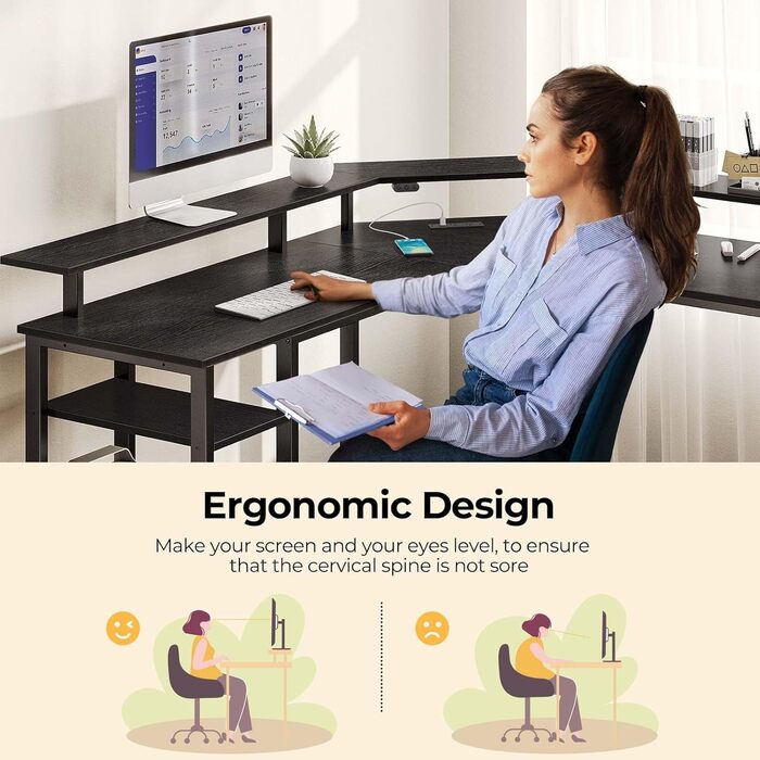 Комп'ютерний стіл Rolanstar L-подібний з RGB підсвічуванням та розетками, реверсивний кутовий стіл для геймінгу з полицею та 2 гачками, для офісу, робочого кабінету, спальні (Чорний, 117см), Чорний 137 x 117x 87см