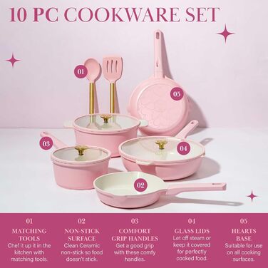 Набір посуду Paris Hilton Ceramic Pink, 10 предметів, антипригарне покриття, нержавіюча сталь, без PFAS, PFOA, PFOS, PTFE, для посудомийної машини