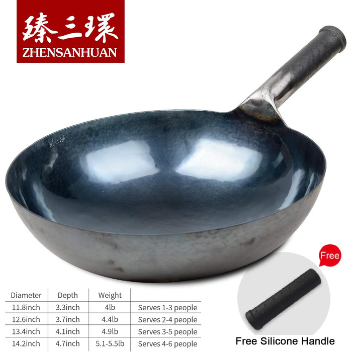 Сковорода-вок з круглим дном ручної роботи ZhenSanHuan, діаметром 36 см, із залізною ручкою і силіконовою кришкою-