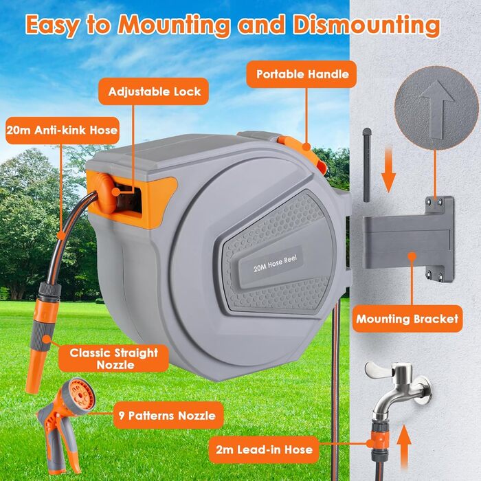 Шланговий барабан з шлангом для саду, настінний, поворотний на 180°, автоматичне змотування, шланговий бокс з ручною лійкою (9 функцій), для поливу, миття авто (сіро-помаранчевий, 20м)