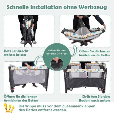 Дитяче ліжко-манеж COSTWAY 120x60 см з матрацом, пеленальним столиком, іграшками та музичною шкатулкою, сірий колір