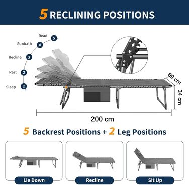 Розкладне ліжко для кемпінгу UDPATIO: зручне ліжко для відпочинку на природі з регульованою спинкою, сіре