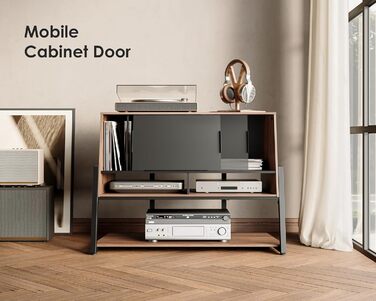 Стіл для програвача FITUEYES DESIGN з дерева, велика тумба Hi-Fi з висувною дверцятами, полиця для 120 платівок, вантажопідйомність 50 кг, серія Eiffel