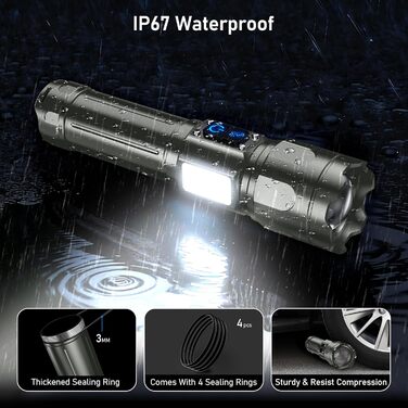 Ліхтарик Blukar LED з двома кольорами світла, головним та бічним COB-світлом, акумуляторний, з регулюванням яскравості та зумом, 7 режимів, водонепроникний, сірий